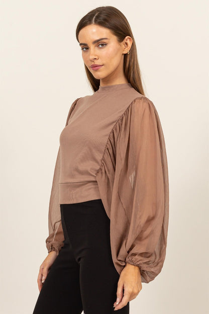 Ruched Sheer Long Sleeve Mock Neck Blouse