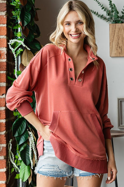 Grommet Split Neck Kangaroo Pocket Sweatshirt