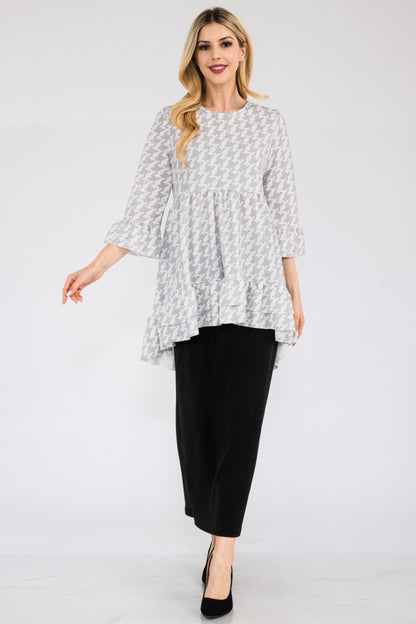 Houndstooth Flounce Sleeve High-Low Top