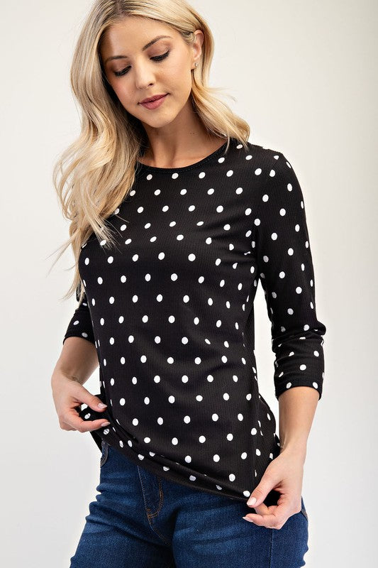 Celeste Polka Dot Round Neck Three-Quarter Sleeve T-Shirt
