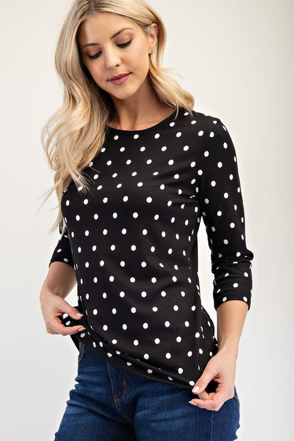 Celeste Polka Dot Round Neck Three-Quarter Sleeve T-Shirt