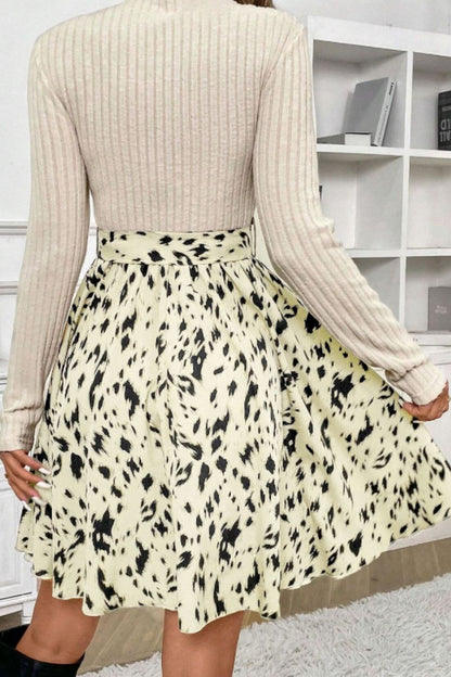 Printed Tie Waist Mock Neck Long Sleeve Dress