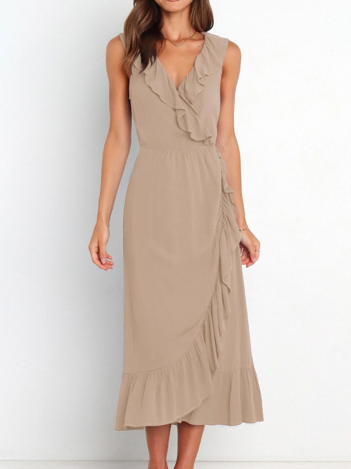 Ruffled Surplice Sleeveless Midi Dress