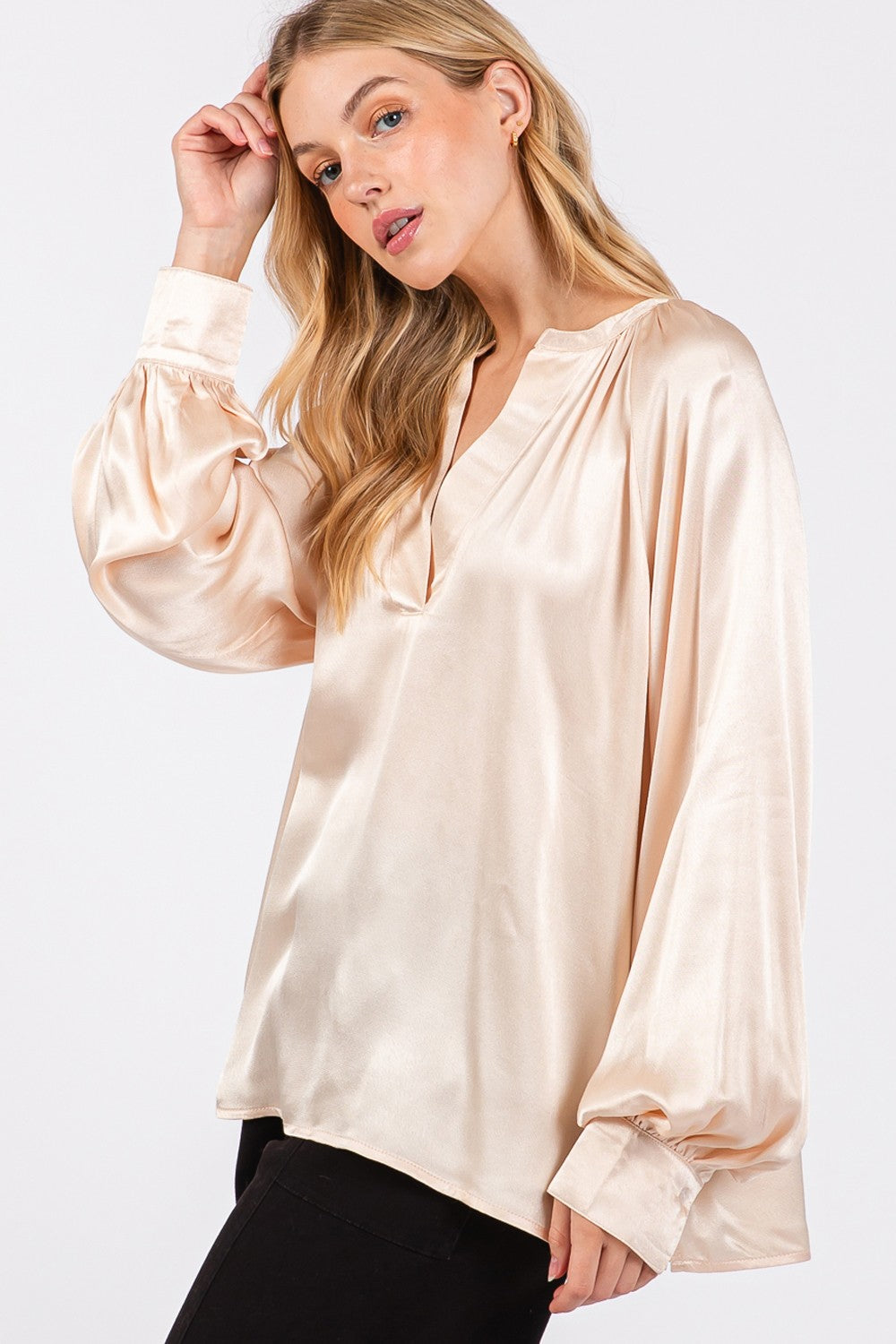 Notched Long Sleeve Blouse