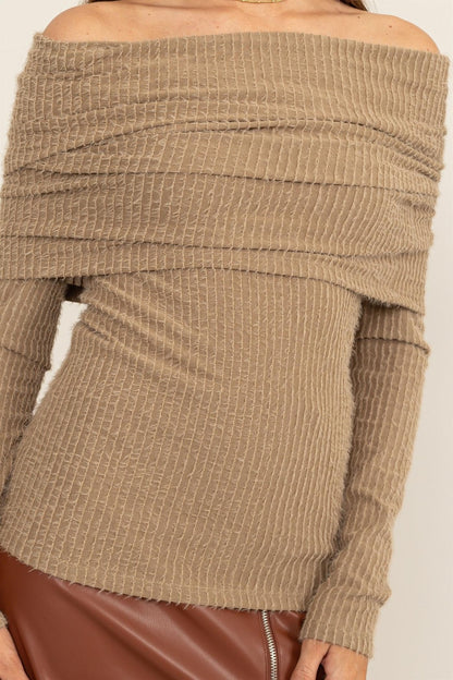 Fuzzy Off shoulder Textured Knit Top