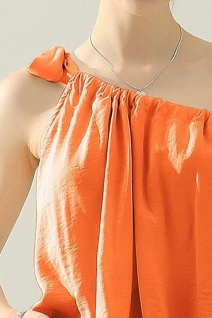 One Shoulder Bow Tie Strap Satin Silk Top