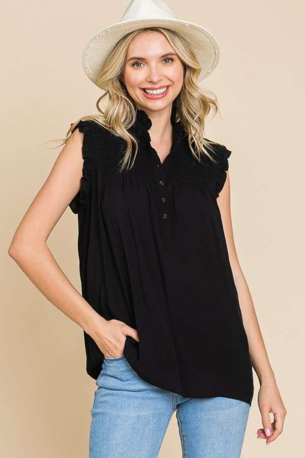 Frill Edge Smocked Sleeveless Top