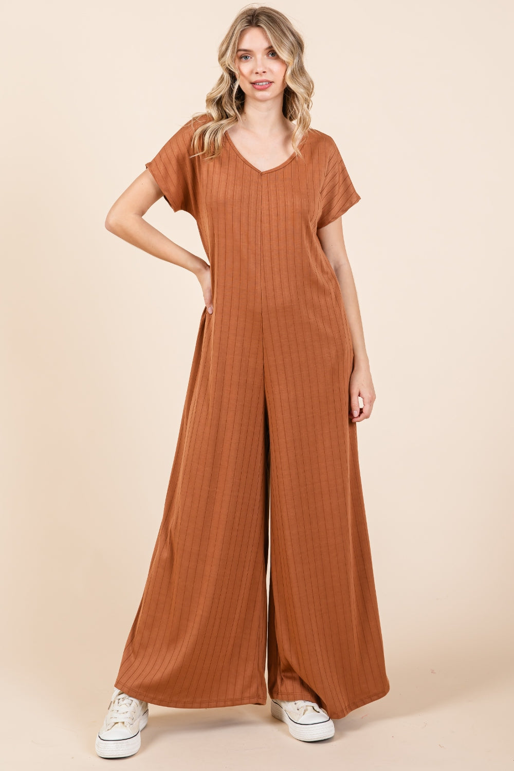 Ribbed Short Sleeve Wide Leg Jumpsuit