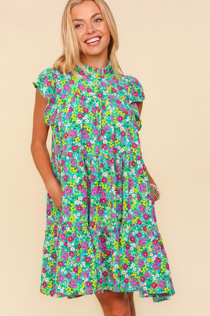 Frilled Mock Neck Ditsy Floral Dress