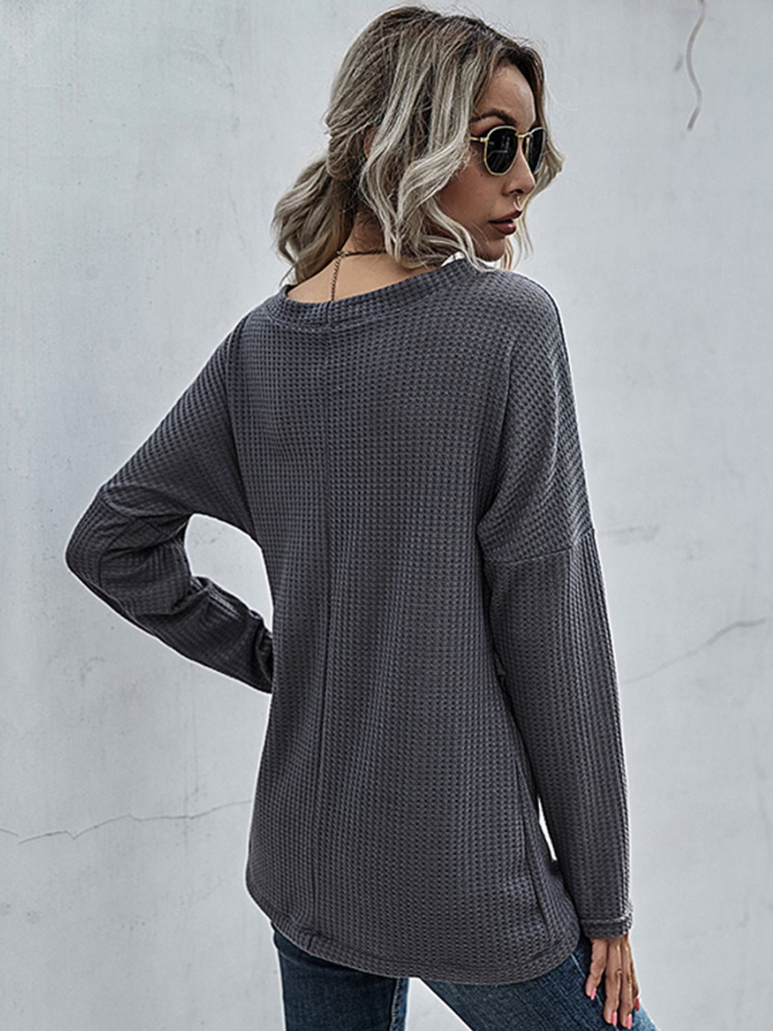 Waffle-Knit Surplice Long Sleeve Top