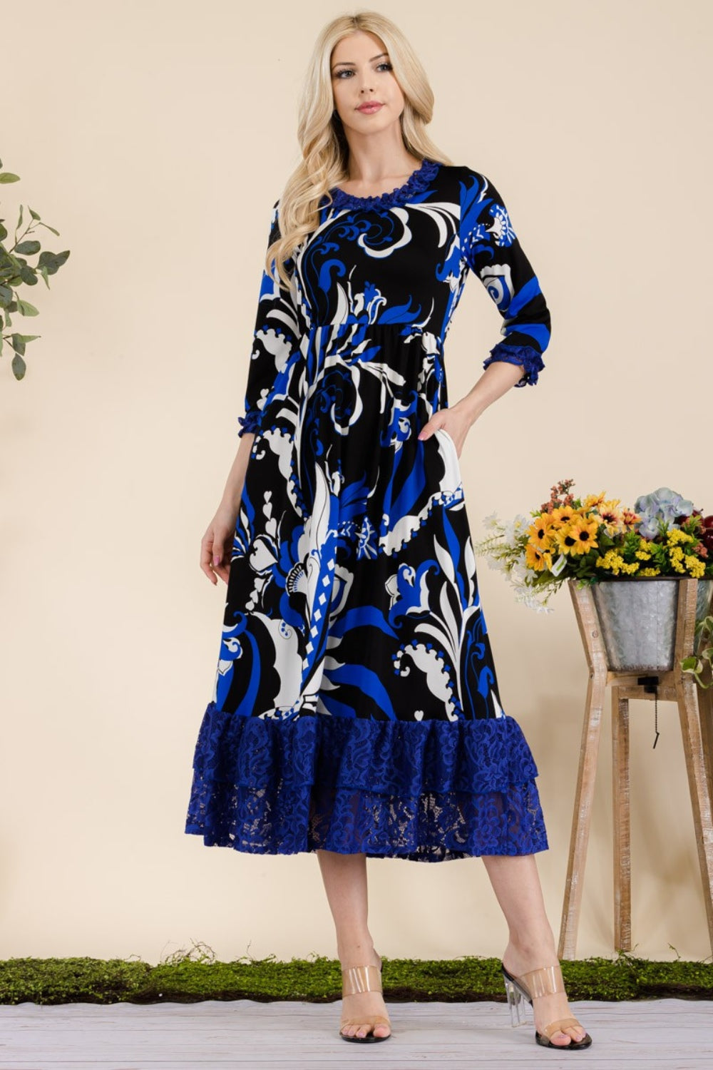 Paisley Print Lace Ruffled Midi Dress