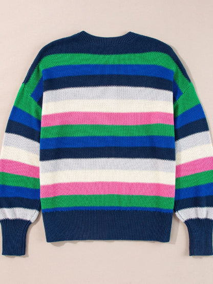 Contrast Striped Round Neck Long Sleeve Sweater