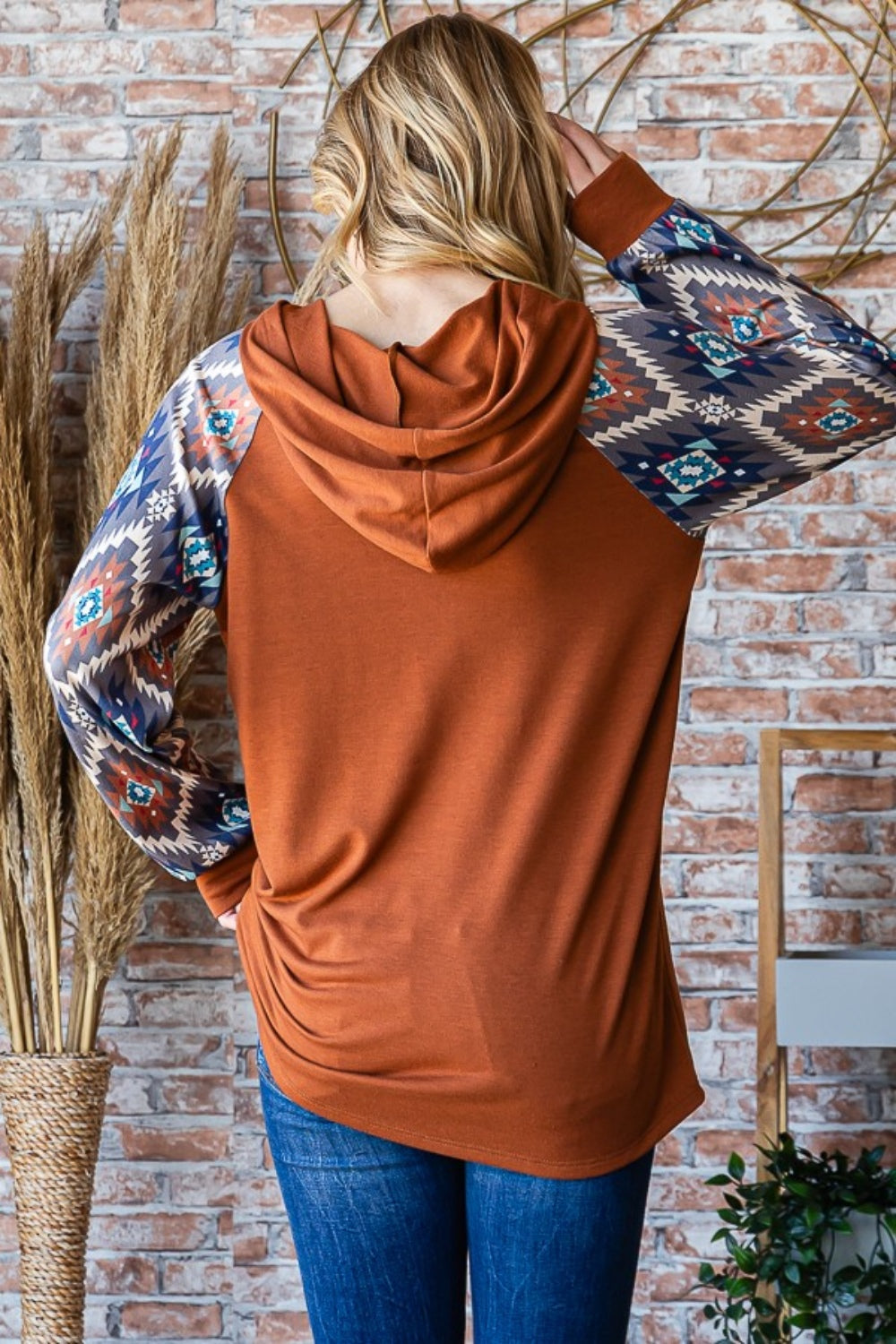 Half Button Printed Long Sleeve Hooded Top