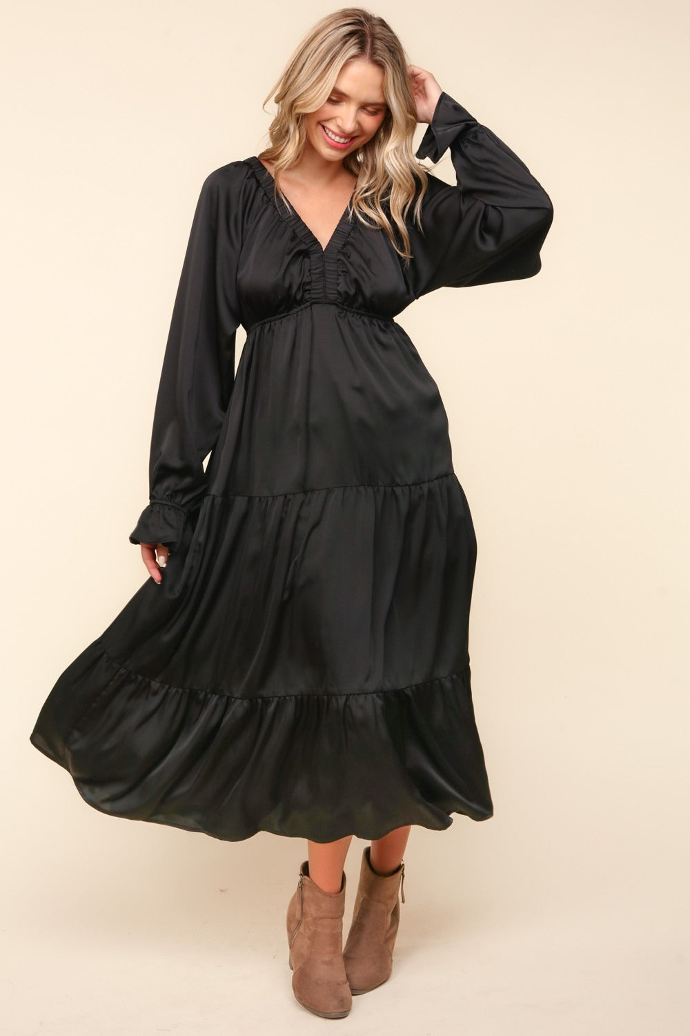 Flounce Sleeve Tiered Midi Dress with Pockets