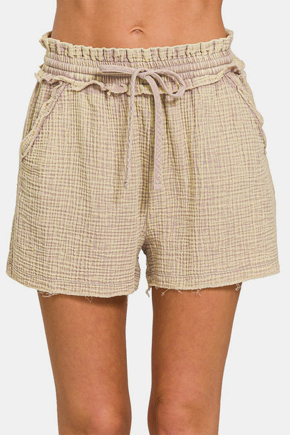 Washed Frayed Hem Drawstring Shorts