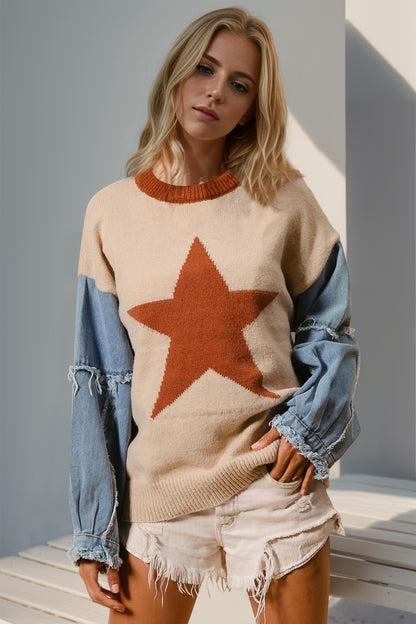 Star Pattern Raw Edge Long Sleeve Sweater