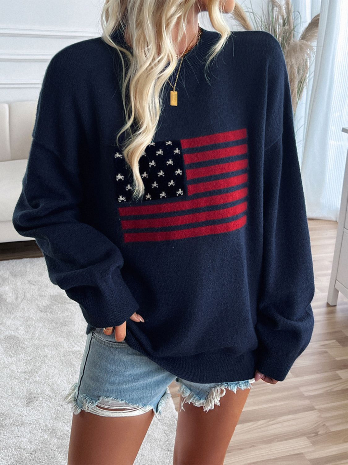 US Flag Round Neck Long Sleeve Knit Top