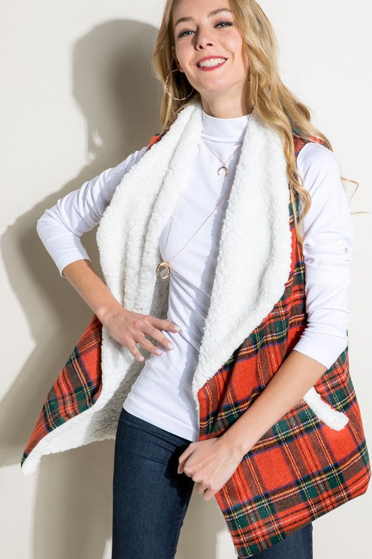 PLAID SHERPA FUR LINED VEST