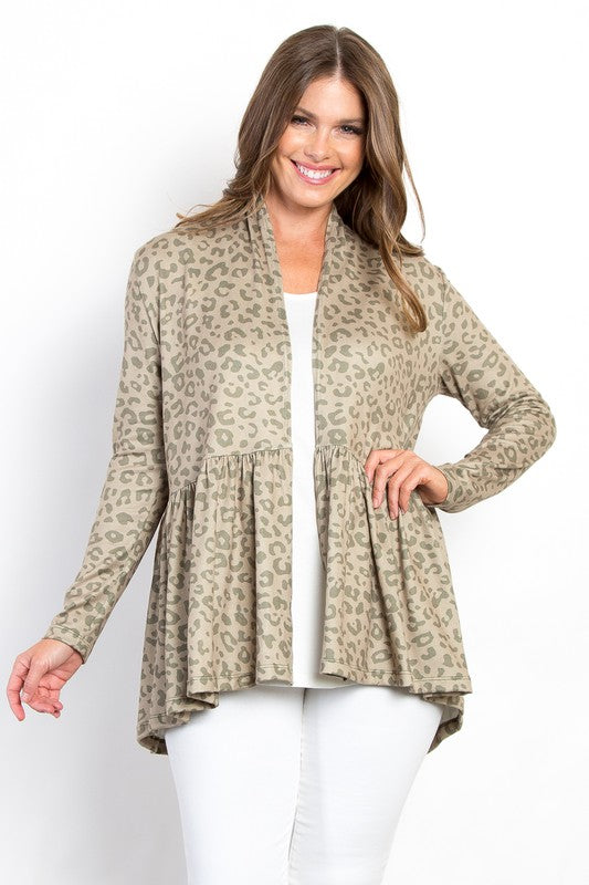 Be Stage Peplum Leopard Open Front Long Sleeve Cardigan