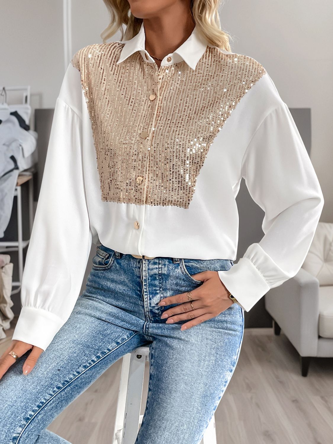 Sequin Contrast Collared Neck Long Sleeve Shirt