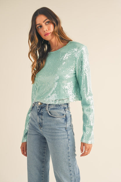 Shoulder Padded Sequin Crop Top