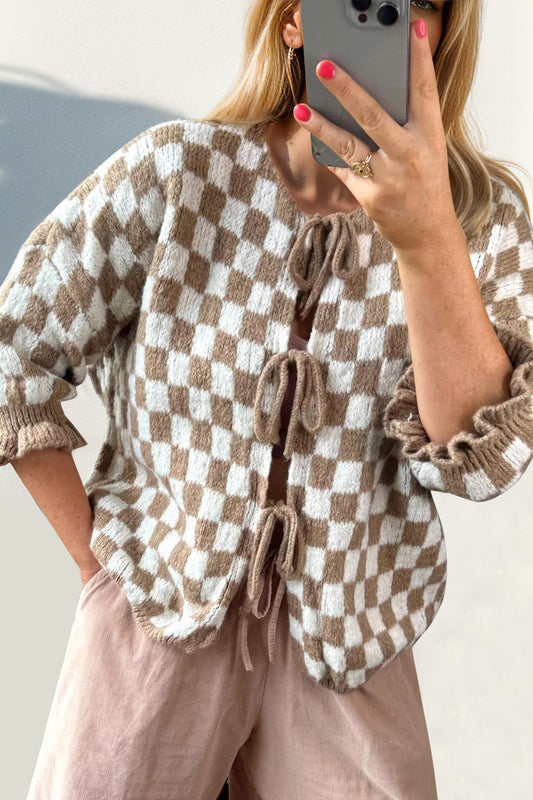 Tied Checkered Dropped Shoulder Flounce Sleeve Cardigan