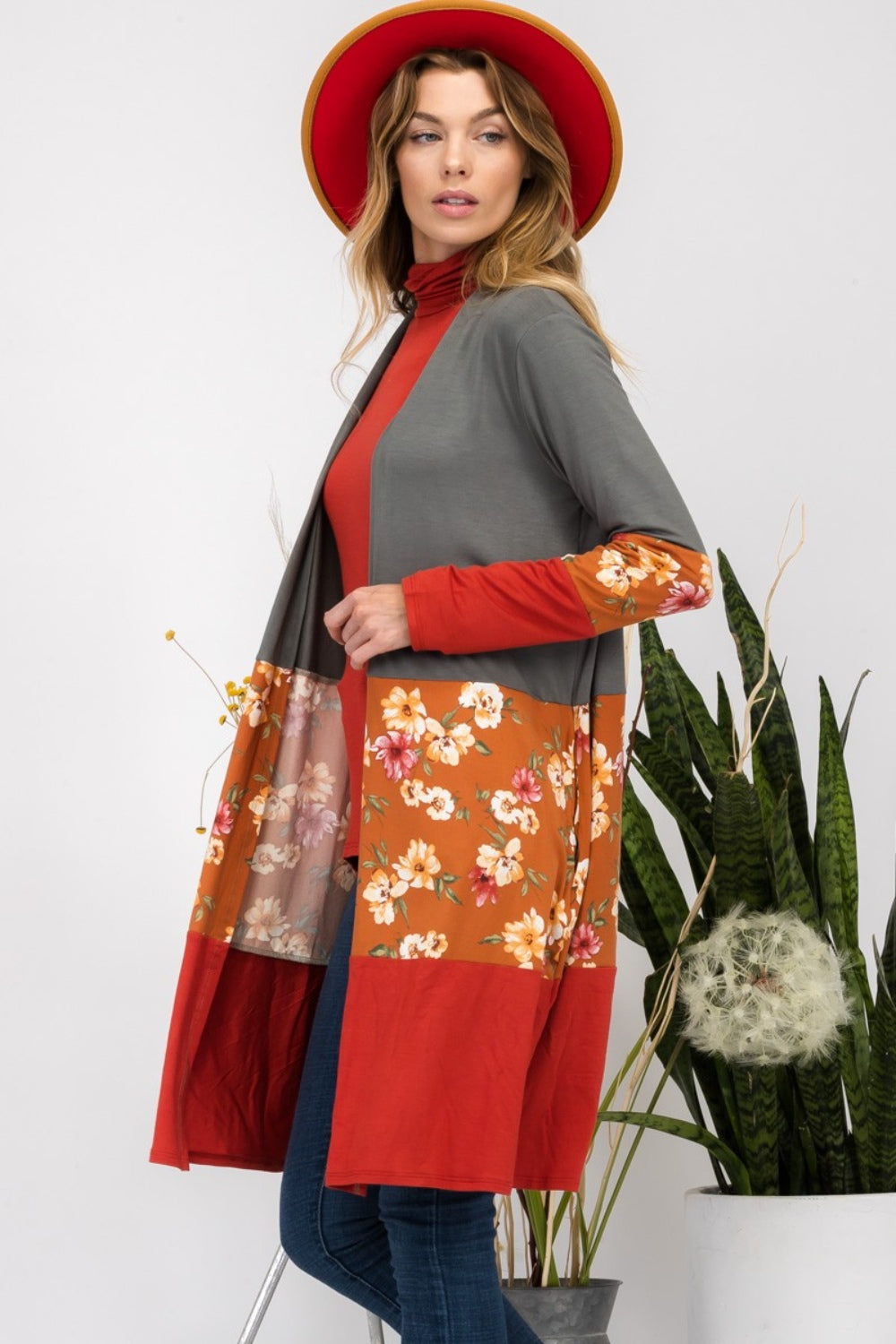 Floral Color Block Open Front Cardigan