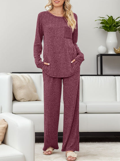 Round Neck Long Sleeve Top and Pants Set