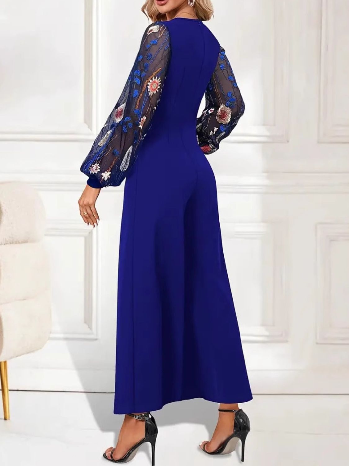 Surplice Embroidered Long Sleeve Wide Leg Jumpsuit