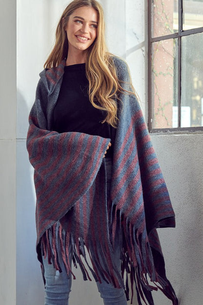 STRIPE PATTERN HOODED PONCHO