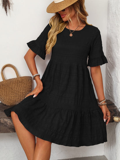 Ruffled Ruched Round Neck Half Sleeve Dress