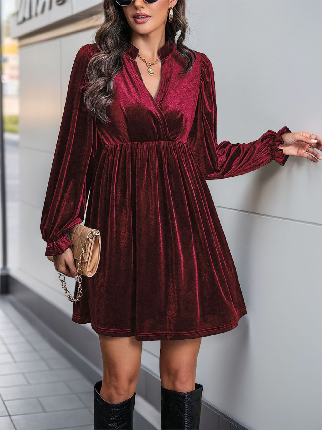 Ruched Surplice Long Sleeve Mini Dress