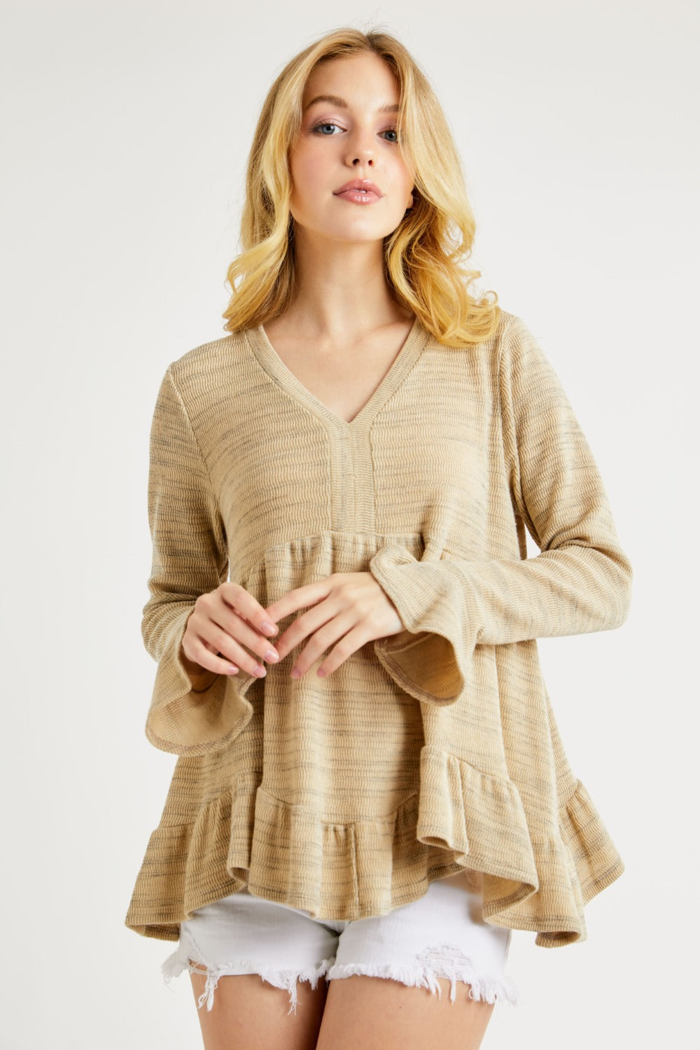 V-Neck Flounce Sleeve Knit Top