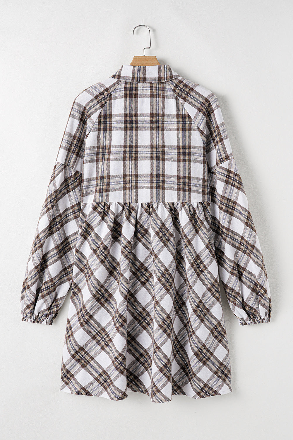 Plaid Collared Neck Balloon Sleeve Mini Shirt Dress