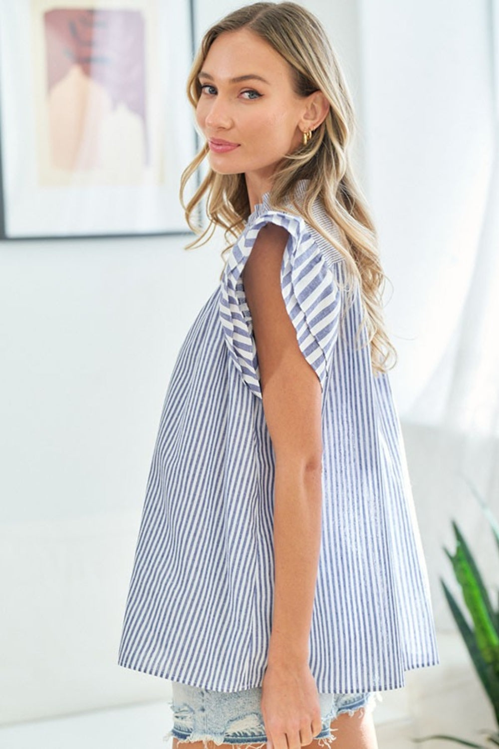 Striped Flutter Sleeve Blouse