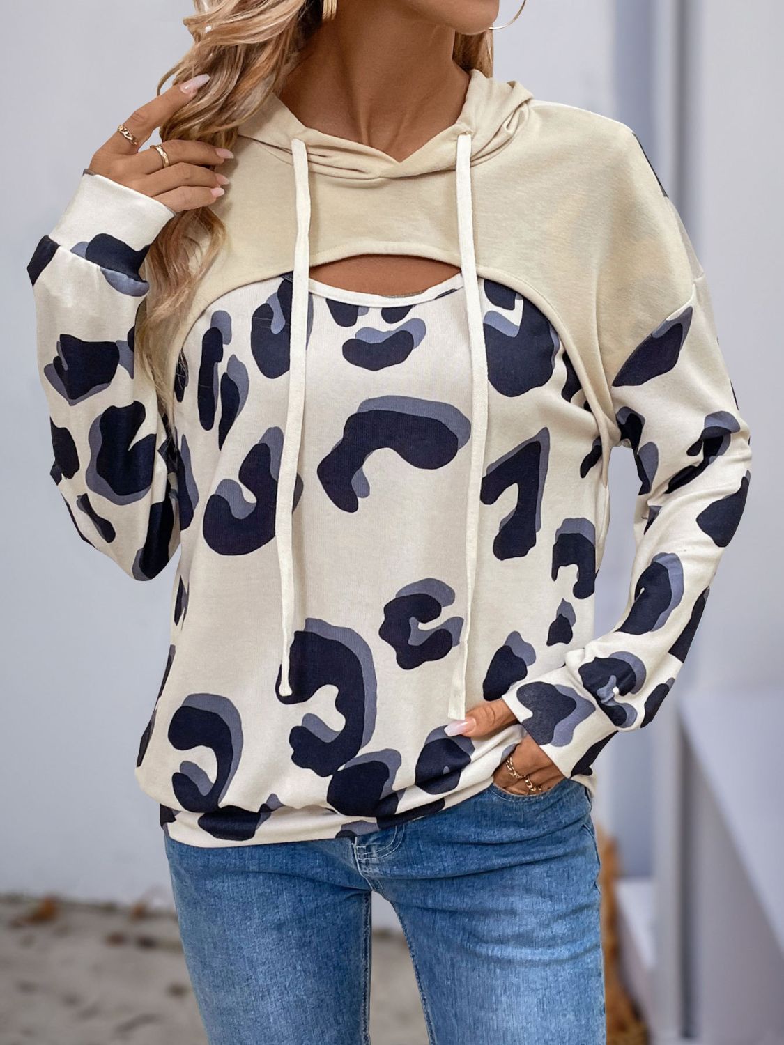 Drawstring Faux Layered Long Sleeve Hoodie