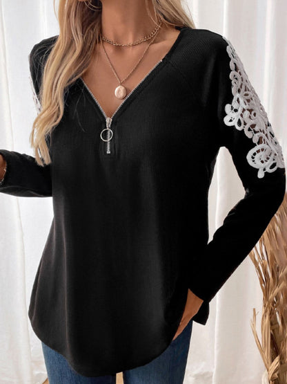Lace Detail Quarter Zip Long Sleeve Top