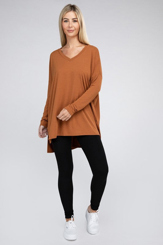 Dolman Long Sleeve V-Neck Side Slit Hi-Low Hem Top