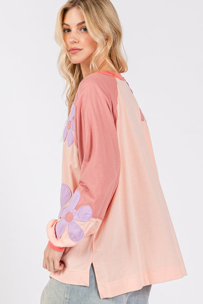 Daisy Applique Patch Color Block Long Sleeve Top