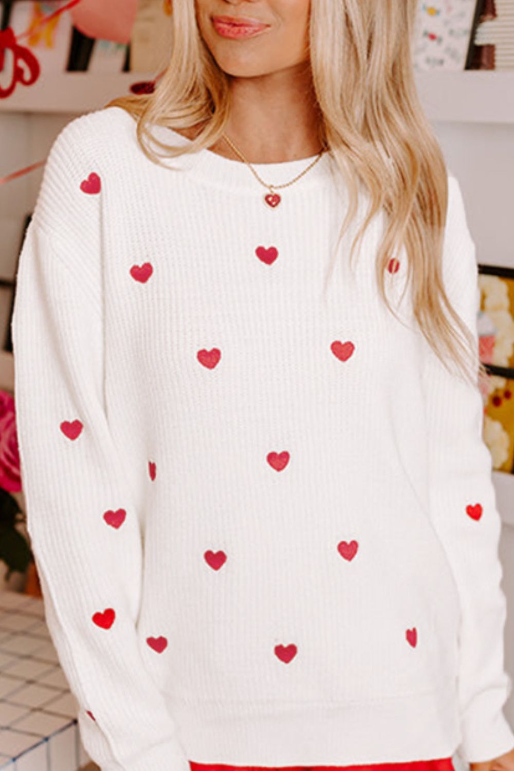 Heart Round Neck Long Sleeve Sweater