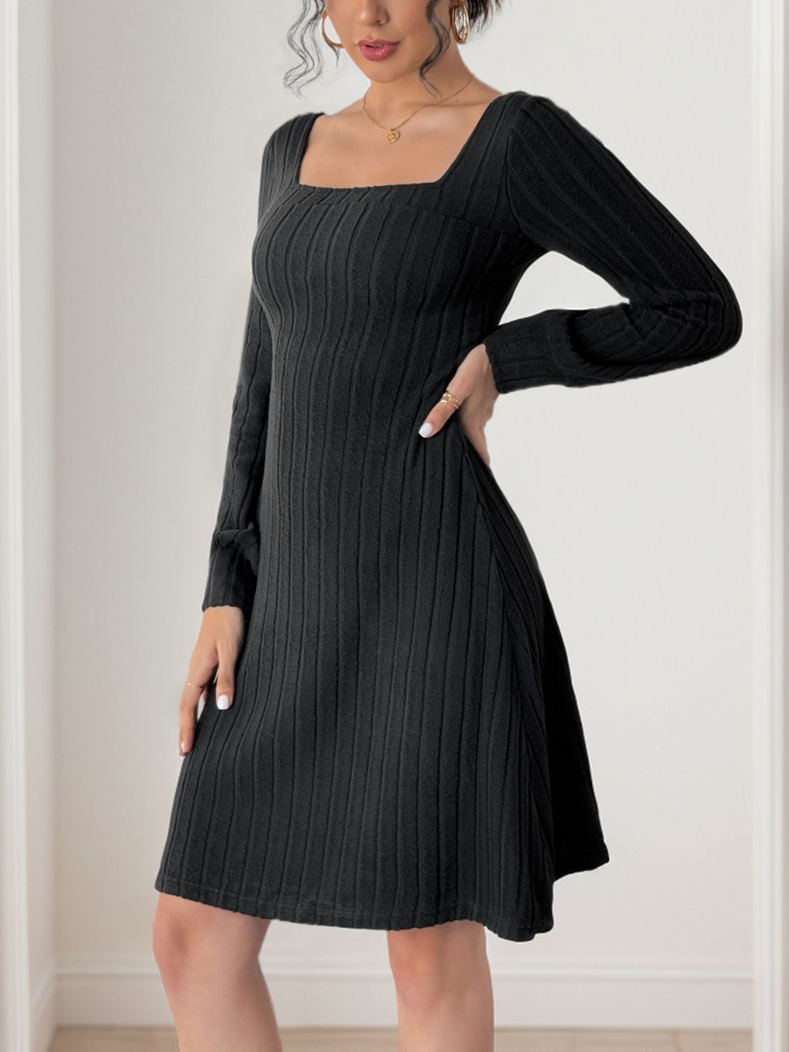 Butterfly Square Neck Long Sleeve Dress