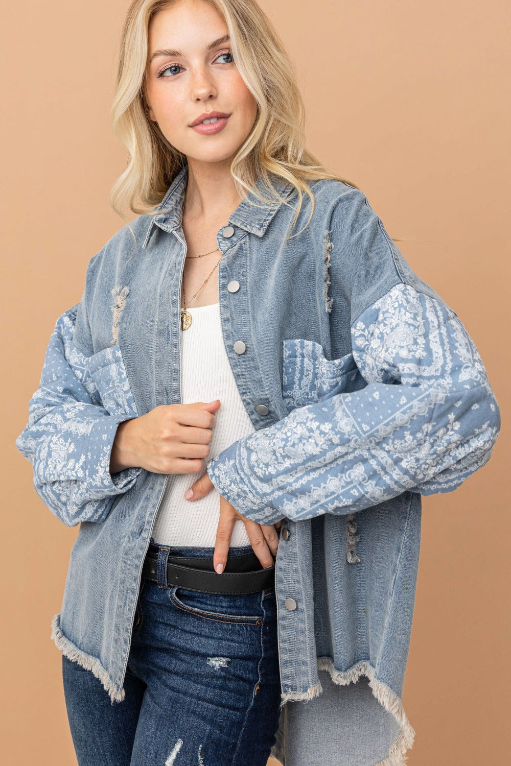 Paisley Print Quilted Sleeves Denim Jacket