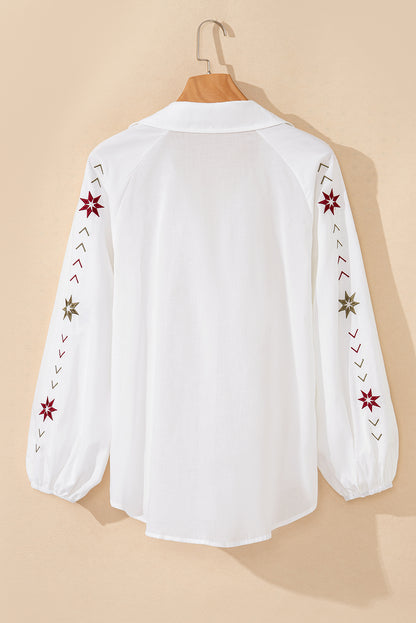 Embroidered Eyelet Collared Neck Long Sleeve Shirt