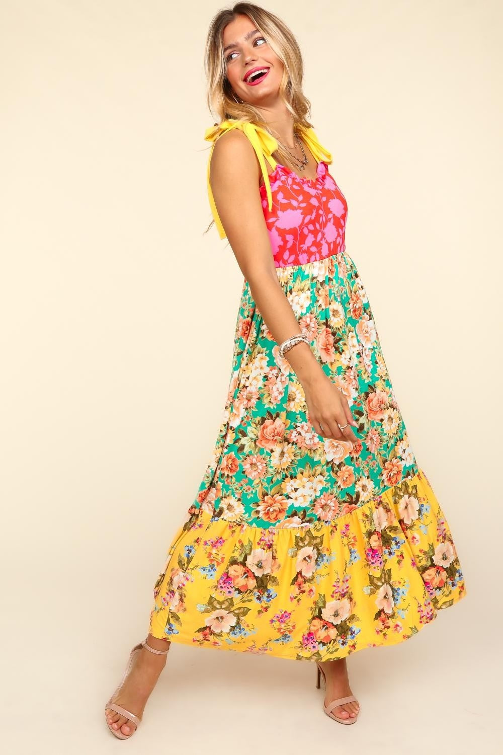 Floral Color Block Maxi Dress with Pockets