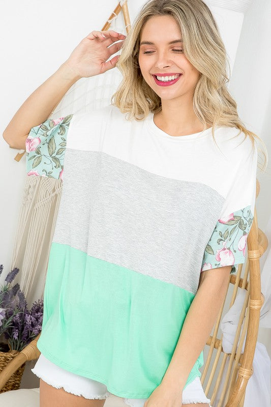 SOLID FLORAL MIXED COLORBLOCK TOP