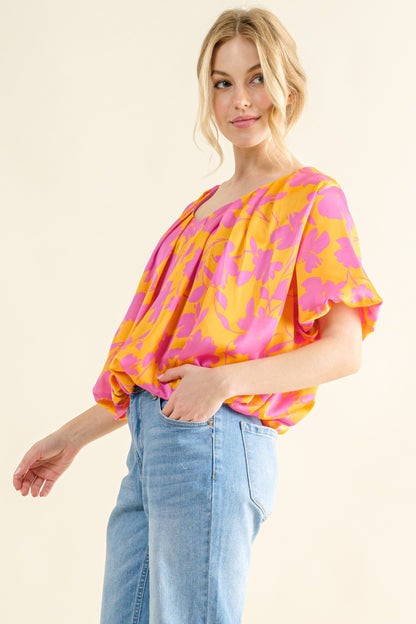 Printed Satin Bubble Hem Top