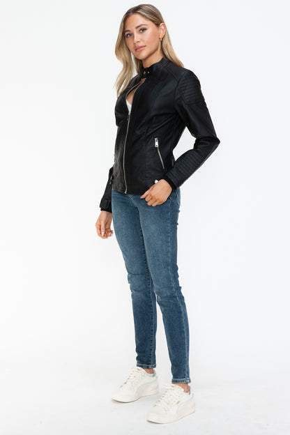 Faux Leather Biker Jacket with Side Zip Pockets