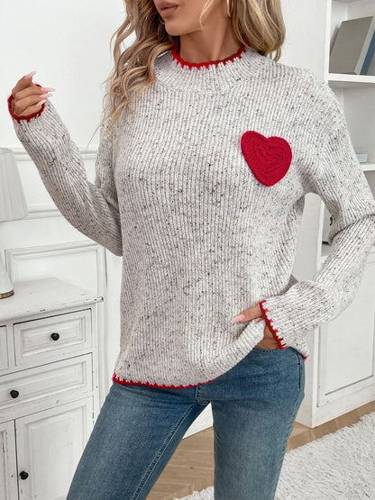 Contrast Heart Round Neck Long Sleeve Sweater