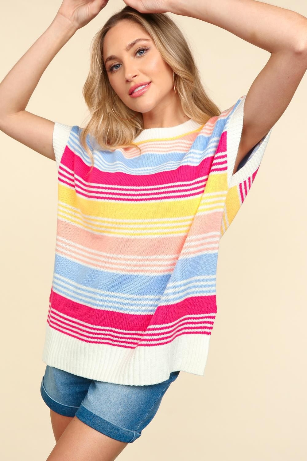 Striped Side Slit Short Sleeve Knit Top