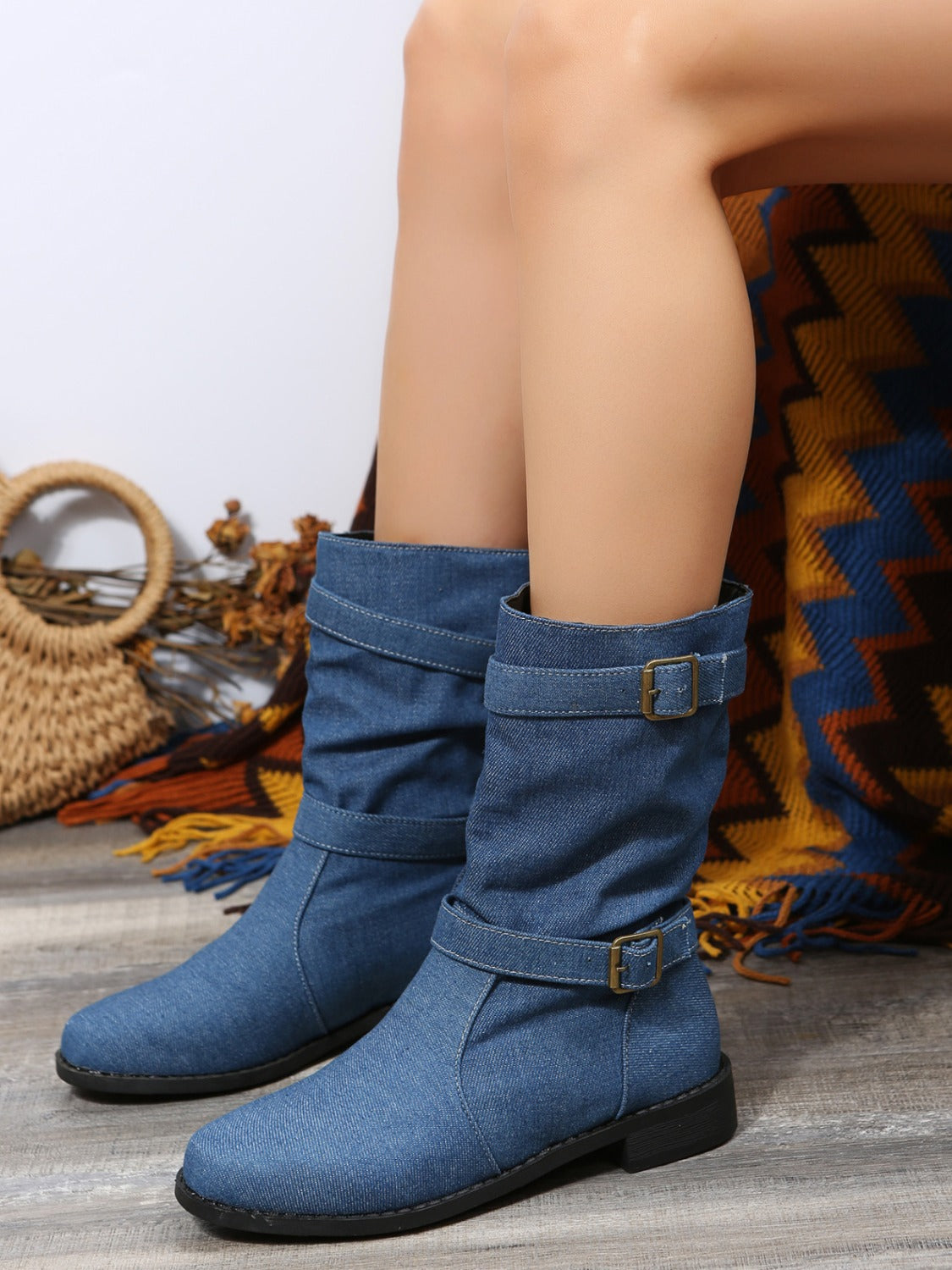 Double Buckle Block Heel Boots